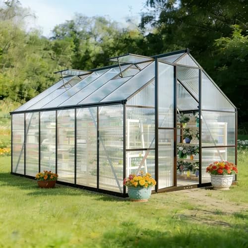 8x12 FT Outdoor Greenhouse with Roof Vent, Charcoal Black - color: Charcoal Black, size: 8×12FT