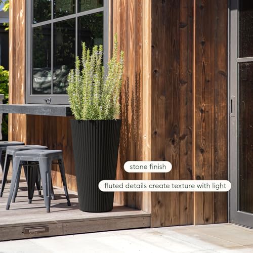 Veradek Demi Series Tall Planter - Tall Tapered Outdoor Planter with Shelf - color: Black, style: Narrow Groove