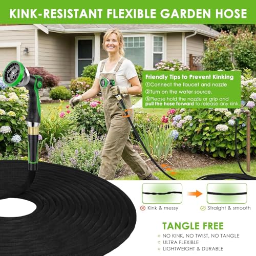 Non-Expanding Garden Hose 100 ft, 360° Anti-Kink Swivel Fittings - color: Black, size: 100ft