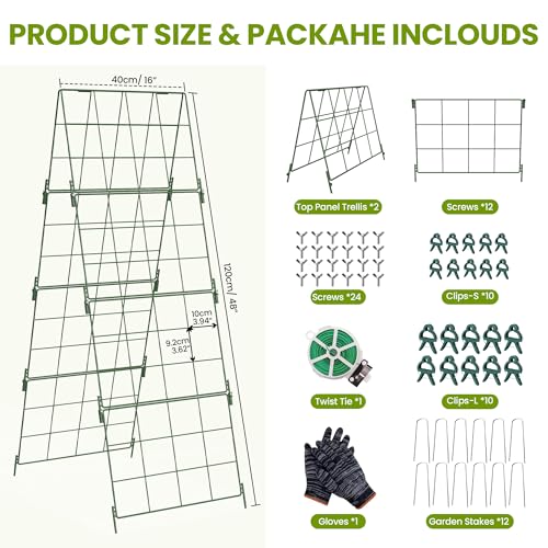 2 Pack Heavy Duty Adjustable A-Frame Trellis for Climbing Plants,48"x16", Rust-Proof Metal Garden Trellis with Dense Grid, Ideal for Raised Beds, Cucumbers, Tomatoes, Beans, and Outdoor Vines (2 Pcs)