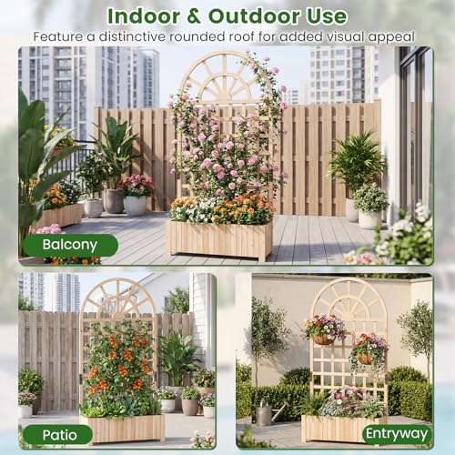 Happygrill Wooden Raised Garden Bed with Trellis & Privacy Screen - color: Natural, size: 36''x12''x71''