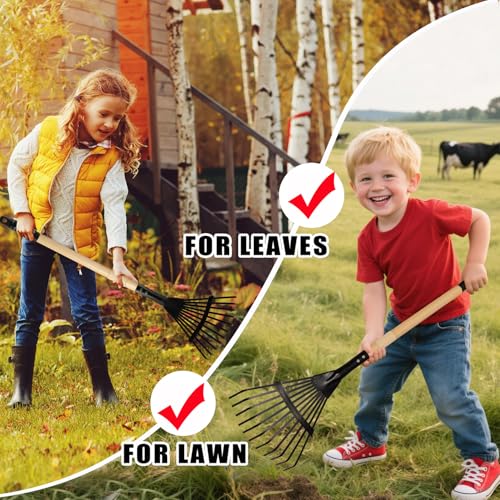 Kids Rake and Shovel Set, 4Pcs Garden Tools Metal Head with Wooden Handle, Great Gardening Gifts for Boys Girls Age 3 and Up - color: 2pcs black rakes& 2pcs shovels
