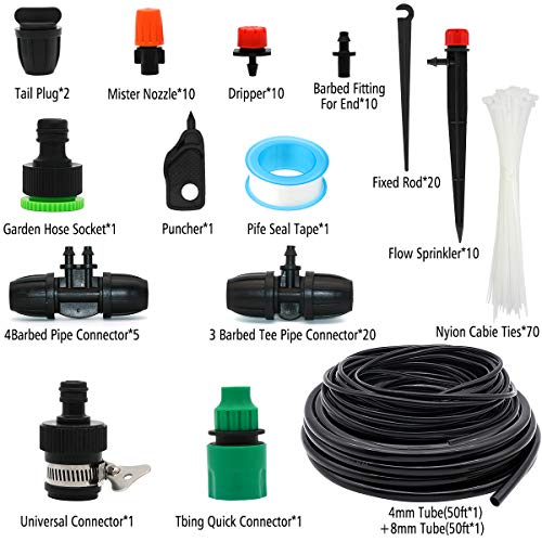 Drip Irrigation System, 100FT Drip Irrigation Kit for Garden - 50FT Main & 50FT Branch Tubing, Adjustable Nozzles for Drip or Mist Cooling, Irrigation System for Garden, Lawn, Patio, Raised Bed - size: 100FT