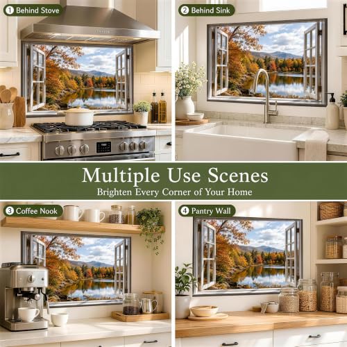 Autumn Lake Window Backsplash Sticker 17.3 x 28 in Peel and Stick PVC - color: Colorful1600