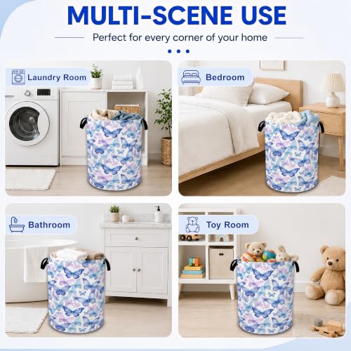 Blue Butterfly Laundry Hamper,Collapsible Laundry Baskets, Dirty Clothes Baskets with Handles,Oxford Cloth Hamper for Bedroom,Bathroom,Laundry Room,College Dorms,16"x20" - color: Blue Butterfly