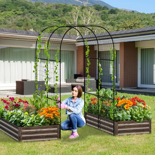 3 in 1 Galvanized Raised Garden Bed with 87" H Arch Trellis - color: Wood Grain, size: 71" Lx 35.4" Wx 12"H