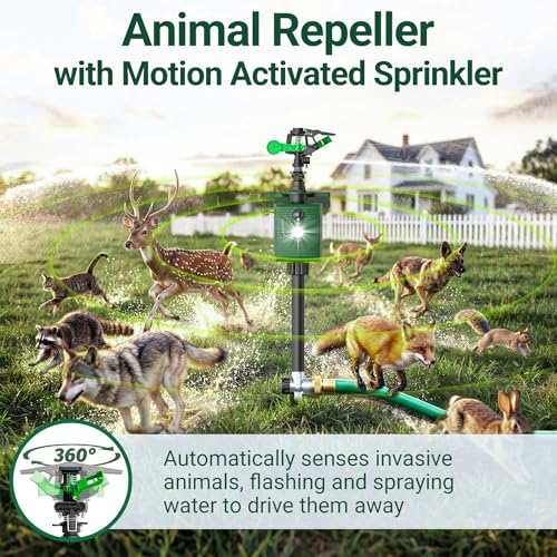 2 Packs Motion Activated Animal Repeller with Water Sprinkler, Deer Repellent Devices Solar Powered, IP65 Waterproof Deer Repellent with Flashing Light, Deter Cats Dogs Skunks Raccoons from Garden