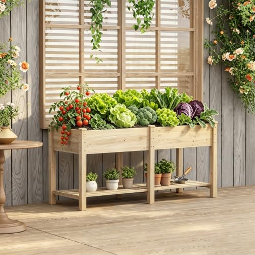 Wood Raised Garden Bed Outdoor Planter Box Herb Planter Garden Bed With Leg - color: Natural, size: Large
