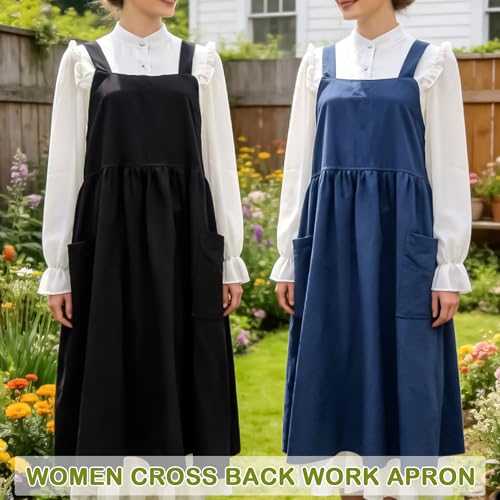 Cotton Linen Apron Cross Back Apron for Women with Pockets Pinafore Dress - color: 2 Pack-black+navy