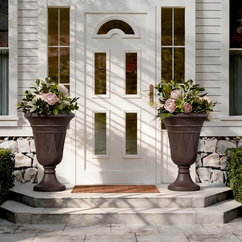 24"Tall Urn Planters for Outdoor Plants, Urns and Pedestal Set of 2 - color: Brown-sandblasting