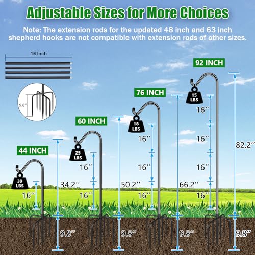 FEED GARDEN 92 Inch Adjustable Outdoor Shepherds Hook Bird Feeder Pole with 7 Prongs Base, Premium Steel Heavy Duty Tall Shepards Hooks for Hanging Bird Feeders, Plant Basket, Lanterns, 1 Pack - size: 92 Inch