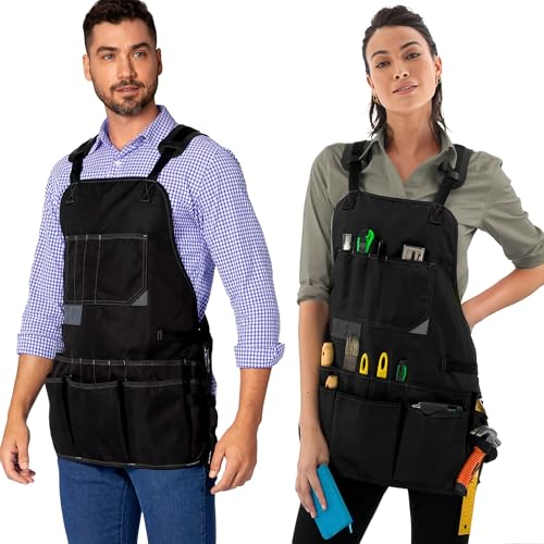 Under NY Sky Tool Apron, Magnetic Bits Holder, Cross-Back,18 Pockets, Black - color: Black