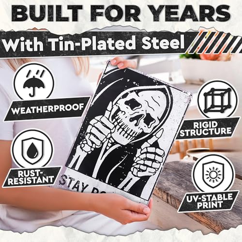 Stay Positive Skull Metal Sign, 8x12 In, Retro Funny Wall Art - color: Stay Positive