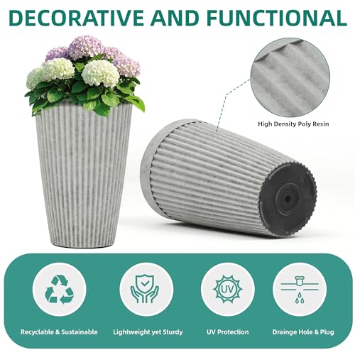 Autodaya 20" Resin Outdoor Tall Planters Set of 2, Ivory Fluted - color: Concrete Fluted-20"h