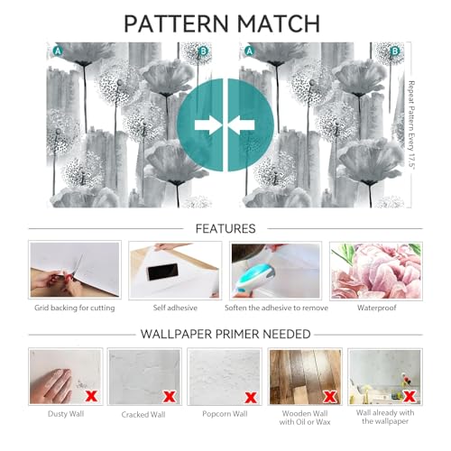 17.5inĂ—317in Dandelion Wallpaper Peel and Stick Wallpaper Grey Self Adhesive Removable Wallpaper for Walls Cabinets Drawers Botanical Peel and Stick Wall Paper Grey and White Contact Paper - color: Grey wallpaper, size: 17.5" x 317"