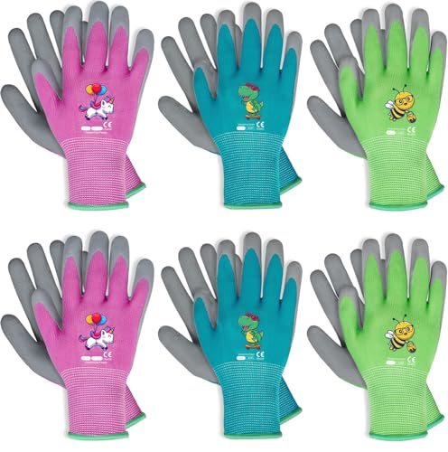 Kids Gardening Gloves, Latex Coated Toddler Yard Gloves, 6 Pairs (3-5 YRS) - color: Green & Blue & Pink (Pack of 6), size: 3X-Small