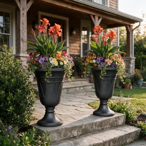 24" Tall Urn Planters for Outdoor Plants, Urns and Pedestal, Black - color: Black-concrete Look/Sandblasting