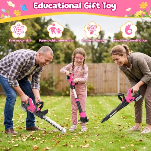 Kids Tool Set, 3-IN-1 Kids Leaf Blower, Weed Wacker & Hedge Trimmer Toy - color: Pink