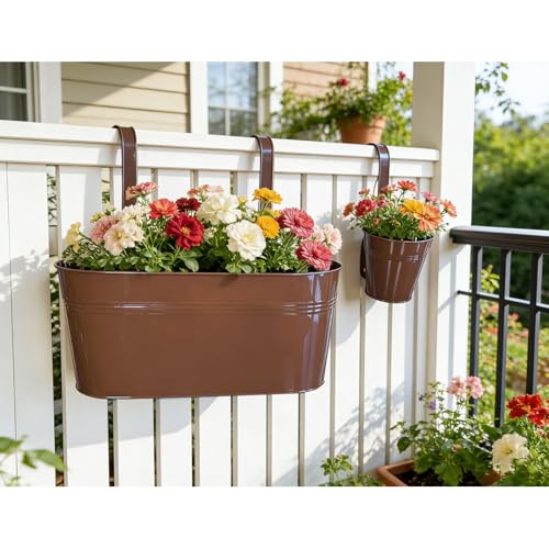8 Pack Mixed Size Metal Fence Planters Set with Detachable Hooks, Chocolate - color: Chocolate, size: Oval*4 + Round*4