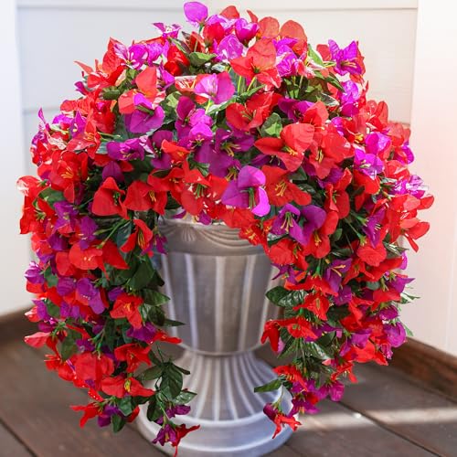 2 PCS Bougainvillea Artificial Hanging Flowers Plants for Outdoors, Mix - color: Purple + Red