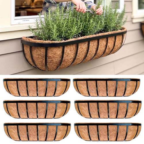 LaLaGreen Deck Railing Planter Boxes for Plants (24 Inch, 6 Pack) Metal Wall Planters for Outdoor Plants, Black Window Flower Boxes Deck Railings with Coco Liner Fence Balcony Patio Porch Over Rail - size: 24" x 6