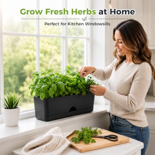 6 Pack Rectangle Planter 16x4.4 Inch Window Boxes Planters Rectangular Window Sill Planters Indoor Self Watering Plant Pots with Drainage Holes and Saucers Succulent Herb Flower Pots, Black - color: Black