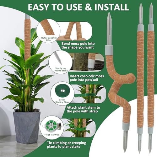 4 Pack Moss Pole, 27.5 Inches Bendable Coco Coir Poles Monstera Plant Support for Climbing Indoor Plants, DIY Plant Stakes Kit Support for Pothos, Philodendron,Potted Plants - size: 27.5 Inches(4 Pack)