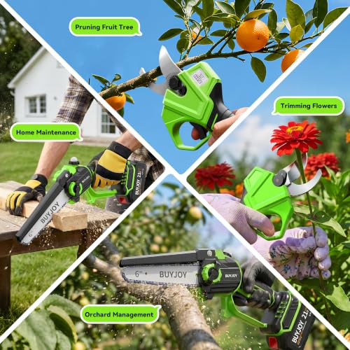 BUYJOY 4-in-1 Electric Pruning Shears & 6 Inch Pole Saw Combo - color: Green
