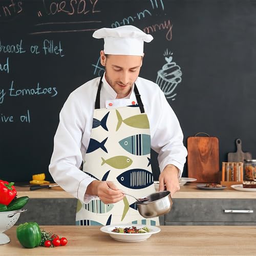 Apron with Pockets for Women, Adjustable Kitchen Cooking BBQ Chef Apron, Gifts for Mom Birthday, or Holidays - color: Cute Fish Boho