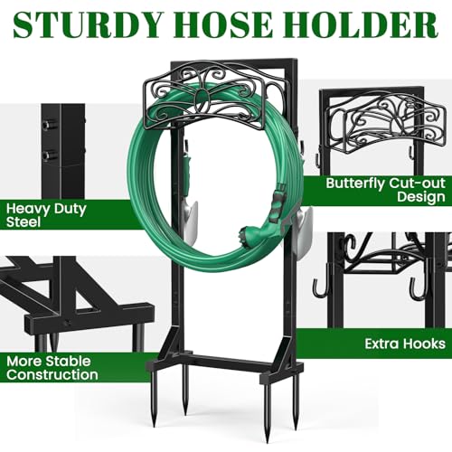 Sunvigor Freestanding Garden Hose Holder Stand, Heavy Duty Hose Reel Alternative with 2 Tool Hooks, Holds 150FT Water Hose, 4-Spike Stable Base, No-Drill Hose Storage for Outside Yard Lawn Garden - color: Black-butterfly Style With Hooks