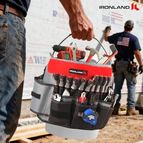 IRONLAND Bucket Tool Organizer Fit 3.5-5 Gallon Bucket, 64 Pockets, Bucket Tool Caddy Organization for Garden, Construction, Carpenter, Electrician, Builder red - size: Medium - 64 Pockets