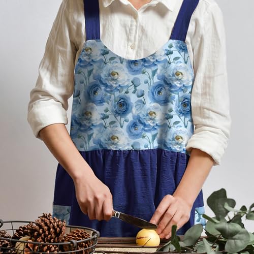 Cotton Linen Apron Cross Back Apron for Women with Pockets Pinafore Dress - color: Flora Navy Blue