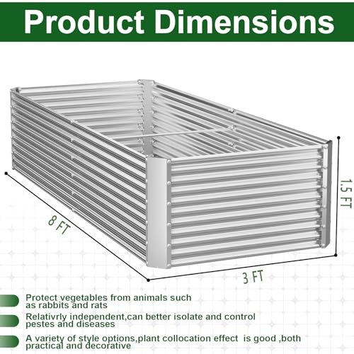 2 Pack Tall 8FT Raised Beds for Gardening, Corrugated Galvanized Steel Raised Garden Bed, Outdoor Metal Above Ground Garden Bed for Vegetables and Flowers(Rectangular)-8x3x1.5FT - size: 8x3x1.5FT