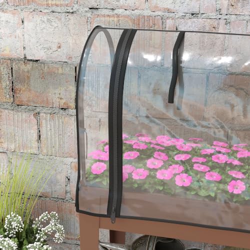 Outsunny Raised Garden Bed with Greenhouse Cover, Lockable Wheels, Brown