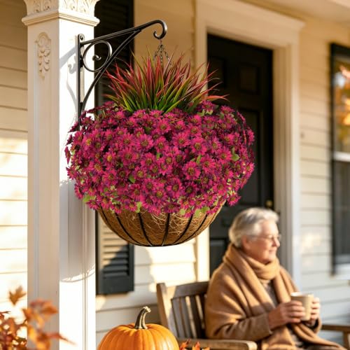 15 Pcs Artificial Fall Flowers for Outdoor Fake Mums Porch Decor, Red