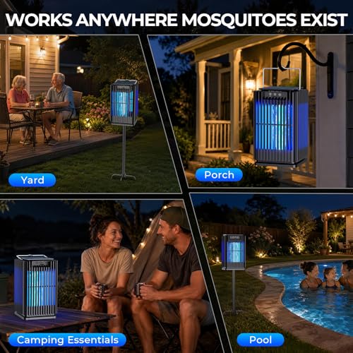 Solar Bug Zapper Outdoor, Solar Mosquito Zapper Outdoor with Ground Bracket, AUTO On/Off Solar Fly Zapper with Illuminated Light, Rechargeable Cordless Mosquito Traps for Camping Paito Backyard Garden