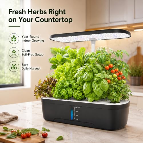 Hydroponics Growing System Kit 12 Pods Indoor Herb Garden with Grow Light - color: Black