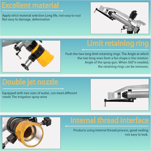 360° Rain Gun Sprinkler, 1-1/2" FNPT Full Circle Impact Sprinkler with 4 Interchangeable Nozzles, 17-29m Range for Farm Agricultural Irrigation, Lawns & Garden Watering