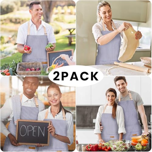 BeLuyi 2 Pack Adjustable Bib Apron with 2 Pockets Chef Cooking Kitchen Restaurant Aprons for Women Men - color: Blue Pinstripes
