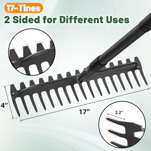 Rake, 17 Tines with 49 Inch Handle, 17 Inch Wide Heavy Duty Garden Thatch Leaf Rake for Raking Leaf Loosening Soil Gathering Mulch Leveling Rocks, Rustproof Metal Bow Rakes for Leaves Grass - style: 49"
