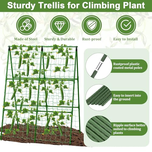 Tidponra Cucumber Trellis for Garden, 34 X 47 Inches A Frame Gardening Trellis with Fabric Raised Garden Bed, Climbing Net and Plant Support Clips for Climbing Plants - size: 34 X 47 Inches