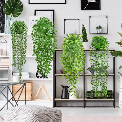 4 Pack UV Resistant Artificial Hanging Plants Faux Greenery with Pots