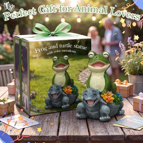 Solar Frog and Turtle Garden Statue with LED Succulent Lights - color: Green Frog Gray Turtle Statue
