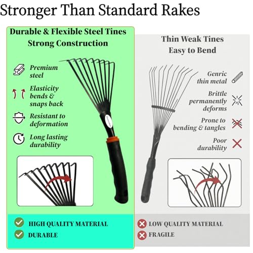 2 Pack Small Hand Rake for Gardening, Mini Leaf & Shrub Rake with Durable Steel Tines, Ergonomic Non-Slip Handle for Flower Beds, Lawn, Leaves & Yard Cleanup
