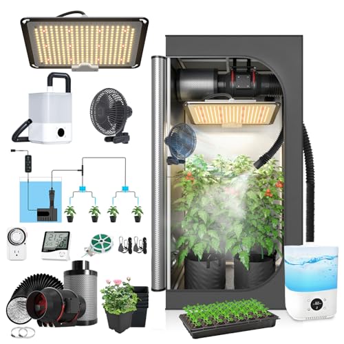 Upgrade Integrated Auto Grow Tent Kit Complete Kit, S1000 LED Grow Light, 32"x32"x64" Grow Tent, 4“ Ventilation with Inline Fan, Carbon Filter, Irrigation Kit, Humidifier and Clip Fan - size: 32"X32"X64"
