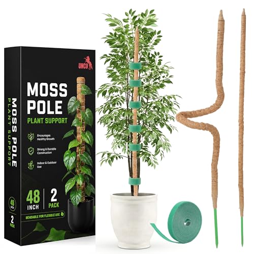 UNCO- Bendable Moss Pole Monstera Plant Support, 48 Inch, 2 Pack, 10 Feet Plant Ties, Moss Poles for Climbing Plants and Monstera Trellis