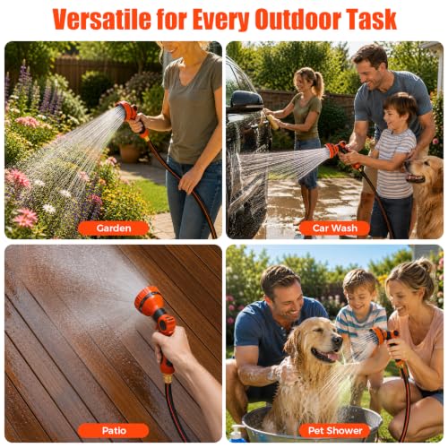 100FT Retractable Garden Hose Reel 5/8 Inch Heavy Duty Wall Mounted Retractable Hose Reel with 9-Pattern Nozzle, 180° Swivel Auto Rewind, Any Length Lock Water Hose Reel for Yard Garden Car Washing