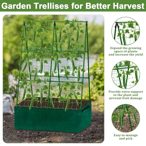 Tidponra Cucumber Trellis for Garden, 34 X 47 Inches A Frame Gardening Trellis with Fabric Raised Garden Bed, Climbing Net and Plant Support Clips for Climbing Plants - size: 34 X 47 Inches