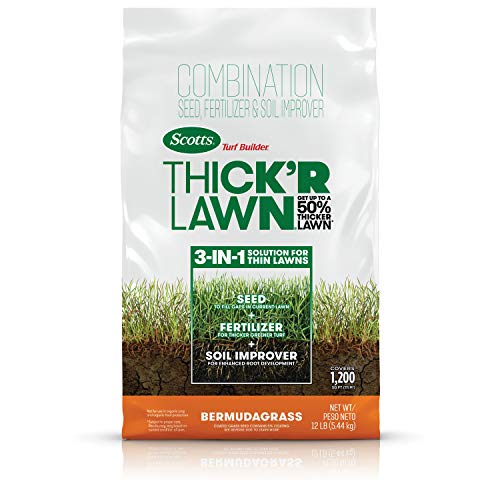 Scotts Turf Builder Thick'R Lawn Bermudagrass - Covers 1,200 sq. ft., Combination Seed, Fertilizer and Soil Improver, Fill and Repair Gaps in Thin Lawns and Enhance Root Development, 12 lb. - size: 12 lb.