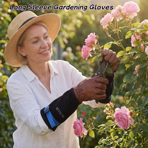 Cow Leather Adjustable Thorn Proof Gardening Gloves - color: Black-brown, size: Medium